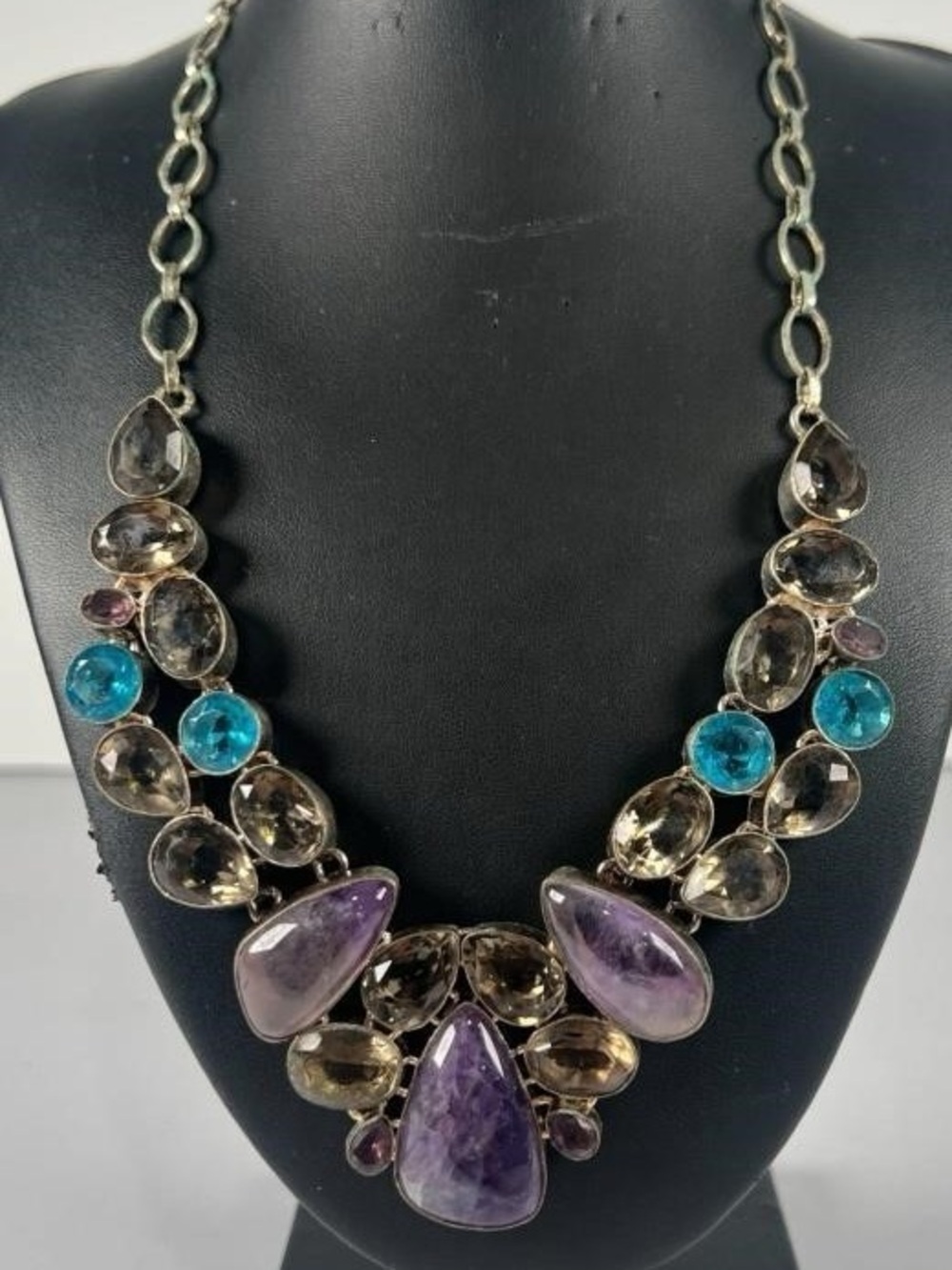 Artisan Made Bib Statement Necklace in Purple Amethyst, Topaz & Smoky Quartz